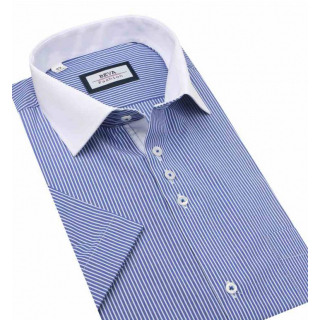 Modrá prúžkovaná košeľa s bielym golierom BEVA KLASIK kr.rukáv