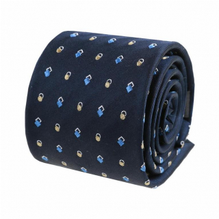 Hodvábna V.I.P biznis kravata tmavomodrá, modrý a zlatistý vzor