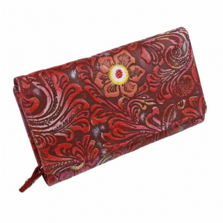 Ručne maľovaná peňaženka s reliéfom kvetov, stredná 15 kariet