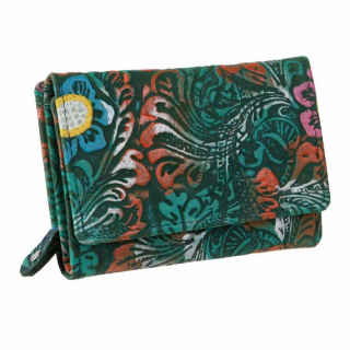 RFID Kvetinová ručne maľovaná peňaženka, zelená koža