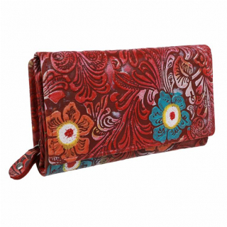 Ručne maľovaná peňaženka s reliéfom kvetín, stredná 15 kariet