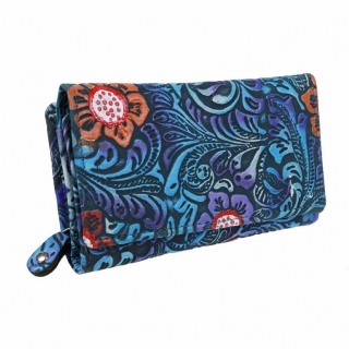 Kožená kvetinová peňaženka pre 15 kariet, stredná modrá 