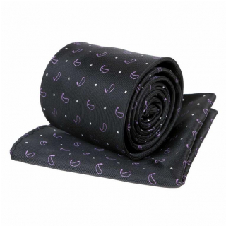 Kravatový set ORSi čierny s fialovým paisley vzorom