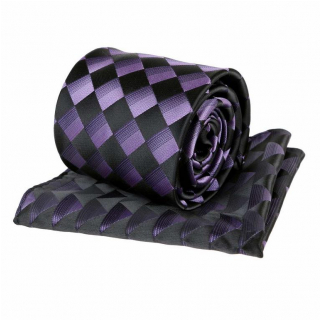 Kravatový set ORSI 8 cm fialovo-čierne štvorce