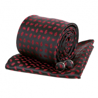 Kravatový set 3-dielny, paisley vzor čierno-červený
