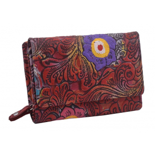 RFID Kvetinová ručne maľovaná peňaženka, červená koža