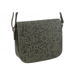Kožená kabelka 24x22 zelená s kvetinovým motívom 