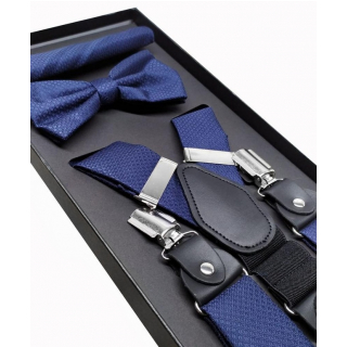 Tmavomodrý 3-dielny set - Traky, motýlik, vreckovka