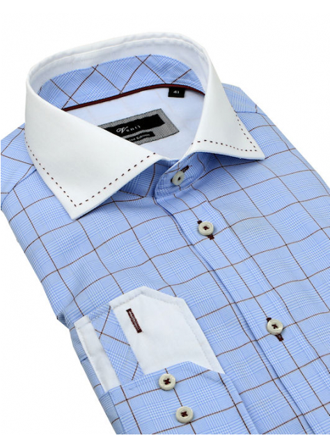Biznis štýl | Modrá károvaná košeľa s bielym golierom VENTI (super slim) - All4Men.sk