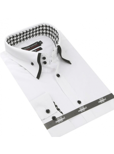 Bielo-čierna košeľa so zvýšeným golierom NEWSMEN (slim) - All4Men.sk