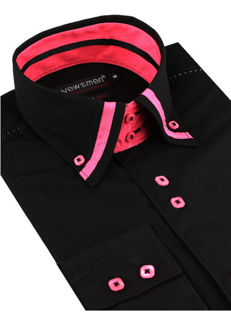 Čierna košeľa so zvýšeným golierom NEWSMEN (slim) - All4Men.sk