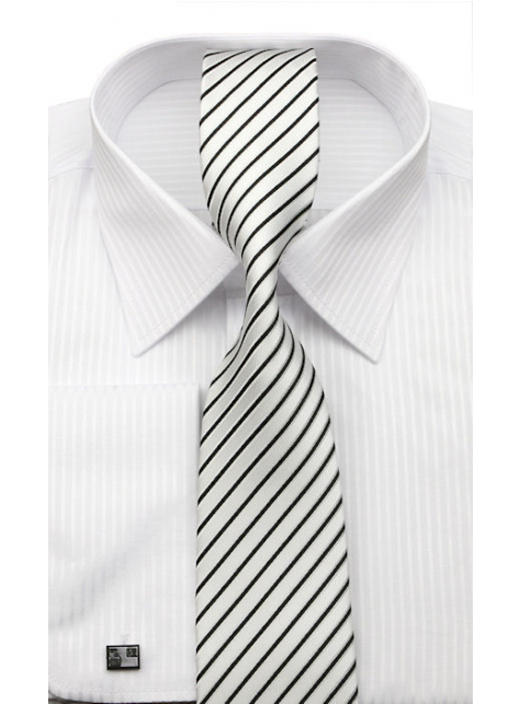 Biela kravata s čiernymi prúžkami 3000-18 - All4Men.sk
