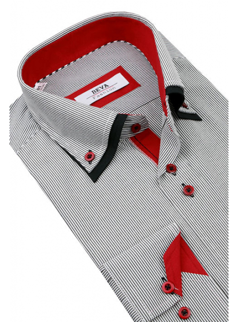 BEVA Fashion | Šedá prúžkovaná košeľa s červeným podšitím (slim) - All4Men.sk