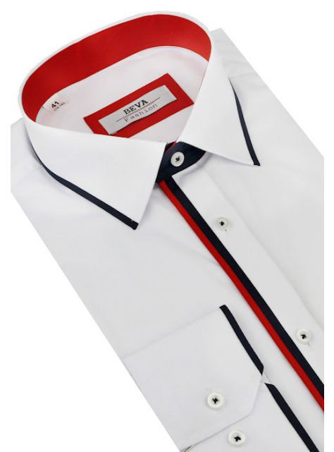 BEVA Fashion | Biela košeľa s modrým a červeným lemom (klasický s.) - All4Men.sk