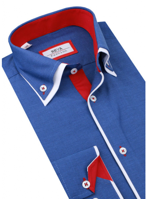 Modrá košeľa prepínacím golierom BEVA SLIM, 80% bavlna - All4Men.sk