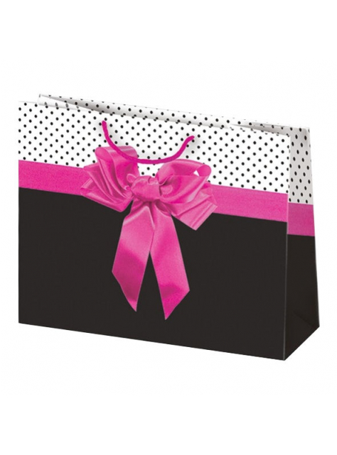 Darčeková taška čierno-biela s ružovou mašľou, lesklá - All4Men.sk