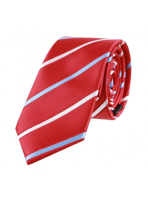 Červená slim kravata 6 cm, modré a biele prúžky - All4Men.sk