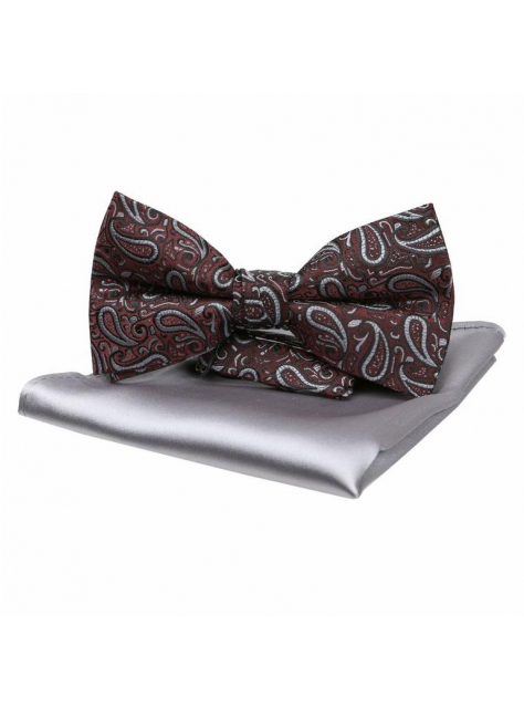 Bordový paisley motýlik ORSI a šedá vreckovka - All4Men.sk