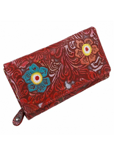 Červená peňaženka s reliéfom kvetov, stredná 15 kariet - All4Men.sk